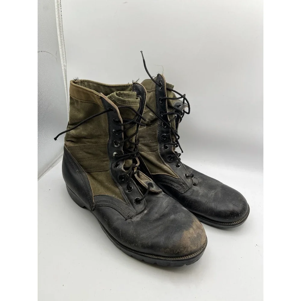 Vintage 90s Military Jungle Boots Black Leather Olive Canvas Panama Sole Size 10